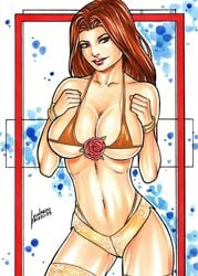 1girls 2019 beauty_and_the_beast belle big_breasts bra bracelet bracelets breasts brown_eyes brown_hair busty dated disney disney_princess ed_benes_studio female female_only large_breasts leonardo_frizzi lipstick looking_to_the_side orange_bra orange_panties orange_thong panties pinup red_lips red_lipstick signature solo standing stockings thighs thong traditional_media yellow_panties yellow_stockings yellow_thong