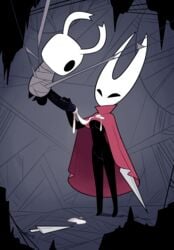 2019 absurd_res anthro arthropod balls big_balls big_penis black_body bodily_fluids bound breasts chrysalis_(object) cloak clothed clothing cum cum_on_chest cum_on_clothing cumshot duo ejaculation erection featureless female genital_fluids handjob hi_res hollow_knight hornet_(hollow_knight) huge_cock humanoid_penis incest insects larger_female male miscon orgasm penile penis protagonist_(hollow_knight) sex siblings size_difference smaller_male straight vessel_(species) video_games weapon