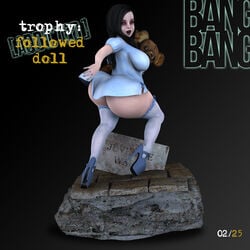 1girls 3d artist_name back_view bangbangrush big_ass big_breasts big_butt bimbo black_hair bubble_butt busty butt_crack curvy dat_ass doll_(bangbangrush) dress english_text eyelashes eyeshadow female female_only footwear high_heels horror hourglass_figure human legwear long_hair looking_at_viewer looking_back open_mouth pose posing shortstack sideboob simple_background solo spread_legs spreading standing stockings teddy_bear text voluptuous white_dress white_footwear white_legwear white_stockings wide_hips