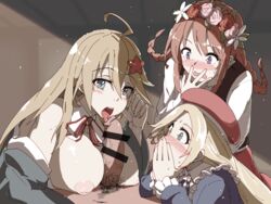 1boy 3girls bar_censor beret blonde_hair blue_eyes blush braid breast_rest breasts breasts_out brown_hair censored choker covering_mouth fellatio foreskin goryoukaku_(oshiro_project) hair_ornament hair_tucking hand_to_own_mouth hat hayashi_ekyuu head_wreath large_breasts long_hair multiple_girls nose_blush off_shoulder oral oshiro_project oshiro_project_re out_of_frame penis pov shiryoukaku_(oshiro_project) spis_(oshiro_project) star star_hair_ornament surprised tongue tongue_in_foreskin tongue_out transparent_censoring twin_braids