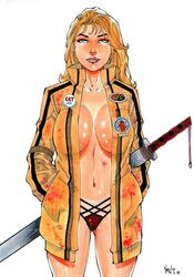 1girls 2019 beatrix_kiddo big_breasts blonde_hair blue_eyes breasts busty cleavage color colored cowboy_shot dated ed_benes_studio female female_focus female_only fit fit_female hands_in_pockets huge_breasts human human_only jacket kill_bill large_breasts light-skinned_female light_skin lipstick long_hair milf navel no_bra panties pinup red_panties red_thong signature solo solo_female sticker sword the_bride thighs thong traditional_media turtleneck uncensored underwear vagner_fernandes voluptuous voluptuous_female weapon white_background wide_hips yellow_jacket