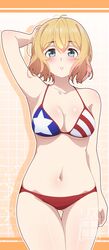 1girls ahoge american_flag american_flag_bikini armpits bangs bare_shoulders bikini blonde_hair blue_eyes blush breasts cleavage female female_focus female_only flag_print hair_between_eyes hi_res high_resolution kanojo_okarishimasu looking_at_viewer medium_breasts nanami_mami navel one_arm_up parted_lips rizuta short_hair solo solo_female solo_focus swimsuit thigh_gap thighs