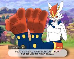 1girls 3_toes 3d_background anthro anthrofied ass barefoot big_ears big_feet blue_fur breasts cinderace close-up deviantart eye_contact feet female female_only foot foot_focus furry grin half-closed_eyes hud inviting lagomorph long_ears looking_at_viewer nintendo no_nipples nude orange_eyes orange_fur outdoors pointing pokemon pokemon_ss public public_nudity raidenthedeoxys red_eyes screenshot_background sitting smile soles solo source_request sweat tease teeth text wet white_fur wide_hips