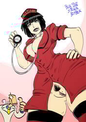 black_hair bluestrikerbomber bob_cut breasts faust_(guilty_gear) female green_eyes guilty_gear i-no large_breasts lipstick nurse nurse_cap nurse_uniform pubic_hair pussy red_nails short_hair thumbs_up tongue tongue_out yellow_eyes