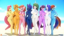 3d 3d_(artwork) alicorn anthro applejack_(mlp) areola beach big_breasts breasts earth_pony eqamrd female fluttershy_(mlp) friendship_is_magic hips horn lineup looking_at_viewer mane_six_(mlp) mare my_little_pony nipples nude pegasus pinkie_pie_(mlp) princess_celestia_(mlp) princess_luna_(mlp) princess_twilight_sparkle_(mlp) rainbow_dash_(mlp) rarity_(mlp) sky straight_hair summer twilight_sparkle_(mlp) unicorn wide_hips wings