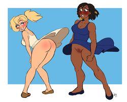 2girls ass blonde_hair blush chocolate_and_vanilla dark-skinned_female dark_skin dress embarrassed flats footwear iseenudepeople mercy multiple_girls overwatch pharah ponytail pussy shoes updress upskirt vagina wind_lift windy_dress yuri