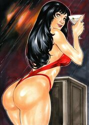 1girls 2019 alcohol ass bangs big_breasts black_hair breasts brown_eyes dat_ass dated dynamite_comics ed_benes_studio eyeshadow female female_only glass holding_glass iago_maia lipstick long_black_hair long_hair looking_back makeup mascara one-piece_swimsuit one_piece_swimsuit pinup purple_lips purple_lipstick red_nail_polish red_nails red_one-piece_swimsuit red_swimsuit round_ass signature solo swimsuit thick_ass thick_thighs thighs toasting vampirella vampirella_(character) wine