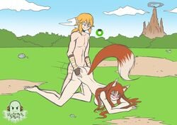 ass ass_grab blush breasts breath_of_the_wild crossover doggy_style holo ilustretsspoks large_breasts link link_(breath_of_the_wild) outdoors outside spice_and_wolf stamina_wheel the_legend_of_zelda the_legend_of_zelda:_breath_of_the_wild