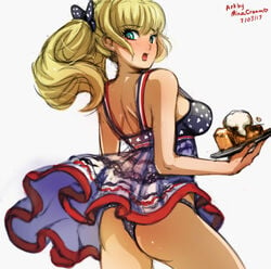 1girls 4th_of_july american_flag american_flag_bikini apple_pie ass black_panties blonde_hair blue_eyes blush booty bow breasts clothes_lift dress dress_lift female female_only from_behind hairbow large_breasts long_hair looking_back minacream original panties plate ponytail simple_background solo solo_female strap_gap upskirt wardrobe_malfunction whipped_cream white_background wind wind_lift