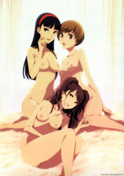 3girls accurate_art_style amagi_yukiko bed black_hair boobs breasts brown_eyes brown_hair completely_naked completely_naked_female completely_nude completely_nude_female dark_hair fur_bed head_on_lap headband kujikawa_rise multiple_girls naked naked_female naked_females nipples no_clothes nude nude_female on_bed perky_breasts persona persona_4 pussy satonaka_chie small_breasts smile sogabe_shuuji trio yuri