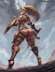 bikini_armor blonde_hair blue_eyes cutesexyrobutts female female_only female_warrior horny huge_ass long_hair looking_at_viewer muscular_female naughty_face original outdoor seductive shield sideboob sword thick_thighs thong