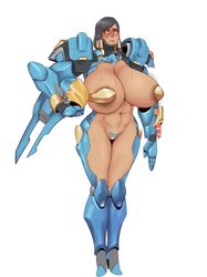 adapted_costume areolae bikini_armor black_hair blush broken_armor dark_skin female helm huge_breasts lowres overwatch pharah short_hair sunnysundown