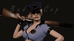 1girls 3d aviator_sunglasses black_gloves blonde_hair claire_redfield cleavage gun holding_gun holding_weapon looking_at_viewer mod police_uniform policewoman red_lips resident_evil resident_evil_2 shotgun solo solo_female straight_face sunglasses text tinted_eyewear video_game