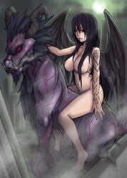 angel angel_wings black_hair black_wings demon exaxuxer fangs female horns kuma-cross kuma-x kuma_x purple_skin red_eyes tattoo wings