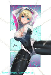 ass ass_visible_through_thighs big_breasts blonde_hair blue_eyes bodysuit breasts cleavage erect_nipples female female_focus female_only full_body gwen_stacy hood hoodie hourglass_figure large_breasts marvel marvel_comics nipple_bulge pose posing solo solo_female spider-gwen spider-man_(series) thick_thighs tom_wlod torn_bodysuit torn_clothes wide_hips