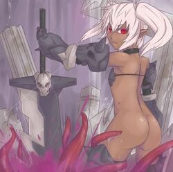 1girls back_view bottomless dark_skin exaxuxer female female_only flat_chest kuma-cross kuma-x kuma_x looking_at_viewer red_eyes skull solo sword tentacles warrior weapon white_hair