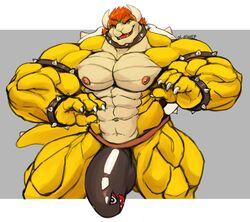 abs anthro balls biceps big_balls big_bulge big_muscles big_penis bowser bracelet bulge claws collar koopa male male_only mario_(series) muscular muscular_male nintendo nipples oldshep pecs penis red_eyes red_hair scalie solo spiked_bracelet spiked_collar spiked_shell spikes topless underwear