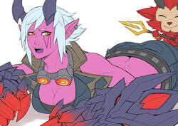 ass blush breasts cleavage demon_girl demon_vi exaxuxer female highres kuma-cross kuma-x kuma_x league_of_legends little_devil_teemo long_tongue male open_mouth pink_skin riot_games sex sharp_teeth short_hair size_difference smile tears teemo tongue trident vi weapon yordle