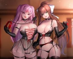 2girls alternate_breast_size alternate_hairstyle bondage choker cleavage collar doki_doki_literature_club dominatrix female female_only femdom g-string garter_belt gloves green_eyes highleg_panties large_breasts latex lead leash light-skinned_female light_skin long_gloves long_hair monika_(doki_doki_literature_club) multiple_girls natsuki_(doki_doki_literature_club) orange_hair pink_eyes pink_hair potetos7 pov pov_eye_contact see-through shiny_clothes stockings thiccsuki thick_thighs thighs tight_clothing