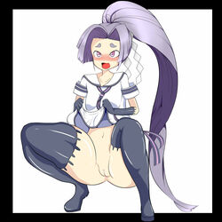 :3 blush dress dress_lift hatsuharu_(kantai_collection) kantai_collection no_panties ponytail purple_eyes purple_hair pussy squatting uncensored