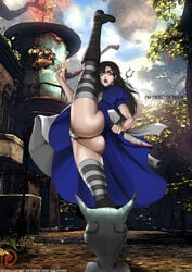 absurdres alice_(madness_returns) alice_in_wonderland alice_liddell alice_madness_returns american_mcgee's_alice ass black_hair boots cheshire_cat clothed clothing dat_ass english_text female flexible goth huge_ass knife leg_lift lipstick long_hair outdoor outfit panties thighhighs thong xplotter