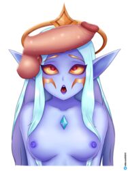 1boy 1girls 2019 :o blue_skin chaos_and_order_series dawnbringer_soraka female heart-shaped_pupils huge_cock league_of_legends male open_mouth pale-skinned_male pale_skin penis_awe penis_on_head pointy_ears riot_games soraka spiritof2281 straight yellow_eyes