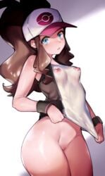 1girls areolae ass blue_eyes bottomless breasts brown_hair cutout erect_nipples eye_contact female_only hat heart hilda_(pokemon) looking_at_viewer nintendo nipple_cutout nipples pokemon pokemon_bw ponytail pussy roropull shirt small_breasts source_request thick_thighs uncensored vest wide_hips