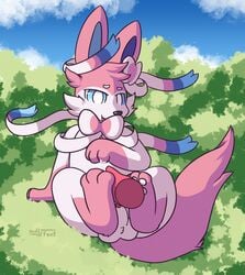 2019 animal_genitalia animal_penis ass balls blue_eyes bodily_fluids cum eeveelution feral foot_fetish footjob fur furry gay generation_6_pokemon genital_fluids grass hindpaw male male/male male_only male_sylveon mammal masturbation nintendo nude nulloffset outside pawpads paws penis pokemon pokemon_(species) sheath sylveon tapering_penis video_games