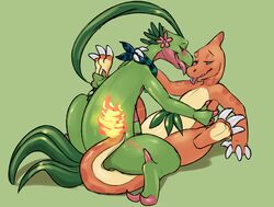 1boy 1girls 2019 accessory alternate_color amali_(byzil) ambiguous_penetration anthro_only blue_eyes blush charmeleon deessel dew_(deessel) duo female feral fire grovyle lying male missionary_position nintendo on_back open_mouth orientation_play original_character penetration pokémon_(species) pokemon pokemon_rgby pokemon_rse scarf sex simple_background straight tongue tongue_out video_games