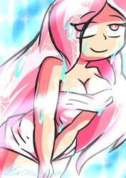 1girls ami_(gwain_saga) gwain_saga looking_at_viewer pink_eyes pink_hair saraawoken shower smile towel