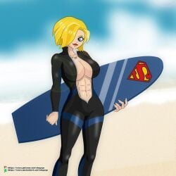 1girls abs big_breasts cartoon_network chuyryu dc dc_comics dc_super_hero_girls female female_focus female_only front_zipper kara_danvers kara_zor-el open_clothes pecs solo surfboard surfer swimwear warner_brothers wetsuit zipper zipper_down