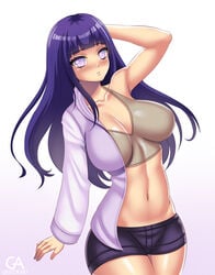 1girls arm_at_side arm_behind_head bare_shoulders blush bra breasts busty clavicle cleavage clothing female female_only gradient_background grigorart groin hand_up hoodie hyuuga_hinata large_breasts legs_together long_hair looking_at_viewer naruto naruto_shippuden open_hoodie posing purple_hair shorts shounen_jump simple_background solo violet_eyes