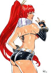 1girls 2019 ass bangs belt black_gloves black_panties black_shorts blue_eyes bra bracelet breasts cosplay cowboy_shot dat_ass dated ed_benes_studio eyeshadow female female_ass female_only fingerless_gloves gloves hairpin hot_pants lipstick long_hair looking_at_viewer looking_back looking_back_at_viewer makeup mascara nail_polish panties peace_sign pinup ponytail purple_lips purple_lipstick purple_nail_polish purple_nails red_bra red_hair round_ass scarf short_shorts shorts signature solo striped_scarf tengen_toppa_gurren_lagann thighs traditional_media vagner_fernandes very_long_hair white_belt yoko_littner yoko_littner_(cosplay)