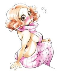 1girls big_breasts blush female female_only fluffy_hair haru_okumura light_brown_hair no_bra persona persona_5 rafchu short_hair side_boob solo stockings virgin_killer_sweater