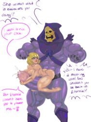 azakishimo blonde_hair blue_eyes dialogue english_text he_man huge_cock masters_of_the_universe rule_63 skeletor straight