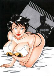 1boy 1girls 2019 all_fours batman batman_(series) big_breasts black_hair black_panties black_thong blue_eyes breasts bruce_wayne busty carla_torres catwoman cleavage dated dc dc_comics ed_benes_studio eyeshadow fangirling_over_boyfriend female holding_breasts huge_breasts large_breasts lipstick makeup male mascara panties pinup red_lips red_lipstick selina_kyle shirt short_hair signature thong traditional_media white_shirt