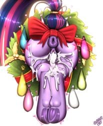 1girls 2019 absurd_res anus ass bodily_fluids christmas cum cutie_mark equid equine female female_only feral friendship_is_magic genital_fluids hi_res holidays hooves mammal my_little_pony pussy rear_view ribbons simple_background solo twilight_sparkle_(mlp) underhoof white_background wolfmask