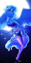 alicorn anthro arvaus bra breasts female female_only flying friendship_is_magic horn moon my_little_pony night outdoors panties partially_clothed princess_luna_(mlp) socks solo strapless thighhighs topless underwear wings