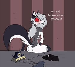 1girls anthro ass black_body black_fur canid_demon collar gravyfox grey_body grey_fur hair hellhound helluva_boss long_hair loona_(helluva_boss) nude phone piercing red_sclera spiked_collar sweat tail vivienne_medrano white_body white_eyes white_fur