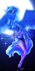 alicorn anthro arvaus bottomless breasts female female_only flying friendship_is_magic horn moon my_little_pony night nipples outdoors partially_clothed princess_luna_(mlp) public_nudity pussy socks solo thighhighs topless wings