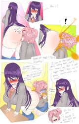 2girls absurd_res absurdres anilingus ass big_ass big_breasts breasts busty clothed clothed_sex clothing curvy dialogue disgusted doki_doki_literature_club embarrassed fart fart_cloud fart_fetish farting farting_in_face farts female_focus female_only hi_res high_resolution highres huge_ass huge_breasts large_ass large_breasts larger_female lazei licking multiple_girls natsuki_(doki_doki_literature_club) oral rimming school_uniform size_difference smaller_female speech_bubble text thick_thighs thighhighs voluptuous wide_hips yuri yuri_(doki_doki_literature_club)