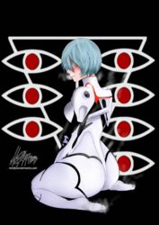 bandage bandage_over_one_eye big_ass big_butt black_background blue_hair blush breasts clothing feet feet_up female logo neon_genesis_evangelion nsfwartillery plugsuit rei_ayanami seele short_hair steam steamy steamy_breath steamy_feet symbol white_plugsuit