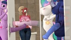 1girls 3d_(artwork) 4futas animal_genitalia animal_penis anthro anthrofied balls bathroom big_balls big_penis breasts clothing elie_sugarpop_(oc) equid equine equine_penis fan_character freckles friendship_is_magic futanari glory_hole horn horse horsecock hyper hyper_penis licking licking_lips mammal my_little_pony needsmorefuta nude penis pony princess_cadance_(mlp) princess_celestia_(mlp) princess_luna_(mlp) public_restroom restroom_stall source_filmmaker tongue tongue_out twilight_sparkle_(mlp) unicorn wide_eyed