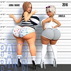 2girls 3d angela_(bangbangrush) anna_marie_(bangbangrush) artist_name back_view bangbangrush bare_shoulders big_ass big_breasts big_butt bimbo bracelet brown_eyes brown_hair busty curvy detailed_background eyelashes eyeshadow female female_only footwear glasses hand_on_hip hands_on_hip hands_on_hips high_heels hourglass_figure human legwear long_hair looking_at_viewer looking_back multiple_females multiple_girls open_mouth pose posing shadow short_hair short_shorts shorts shortstack sideboob socks spread_legs spreading standing stockings sunglasses sunglasses_on_head text tied_hair twintails voluptuous white_footwear white_legwear white_socks white_stockings wide_hips