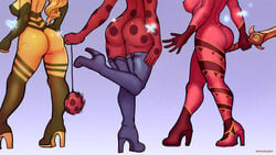 16:9 3girls ass big_ass bodysuit breasts chloe_bourgeois clothing female female_only high_heels kagami_tsurugi ladybug_(character) marinette_cheng marinette_dupain-cheng markydaysaid miraculous_ladybug multiple_girls nipple_bulge queen_bee_(character) ryuko_(character) take_your_pick tight_clothing