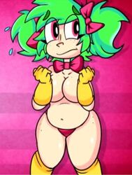 big_ass big_breasts boots bowtie female freckles froggywithfries gloves green_hair mimi_moppu nude super_planet_dolan thong twintails