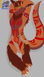 absurd_res anthro armband beard body_hair claws clothing draconic_burners dragon ear_piercing ear_ring erection facial_hair fangs fur happy_trail hi_res horn kenokskiy knot loincloth looking_at_viewer lying male male_only markings mostly_nude piercing pubes red_pubes scar solo