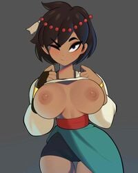 1girls ajna_(indivisible) big_breasts breasts breasts_out brown_nipples clothing dark_nipples dark_skin female female_only fingerless_gloves indivisible no_bra postblue98 shirt_lift short_hair solo_female wink