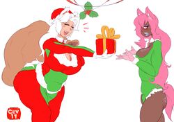 2019 animal_humanoid anthro ass belly big_breasts blue_tongue blush breasts bulge canid canid_humanoid canine canine_humanoid canis cev cev_rosa christmas christmas_hat clair_sewall closed_eyes clothed clothing dark_skin dickgirl domestic_dog duo eyeshadow female fingers futanari gift girly gloves gynomorph hair hat headgear headwear hi_res holidays humanoid intersex lipstick long_hair makeup mammal mammal_humanoid open_mouth pink_hair present santa_hat simple_background smile teeth tongue white_hair