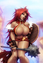 1girls barretxiii big_breasts breasts cleavage female female_only large_breasts looking_at_viewer queen's_blade red_hair risty solo thick_thighs wide_hips